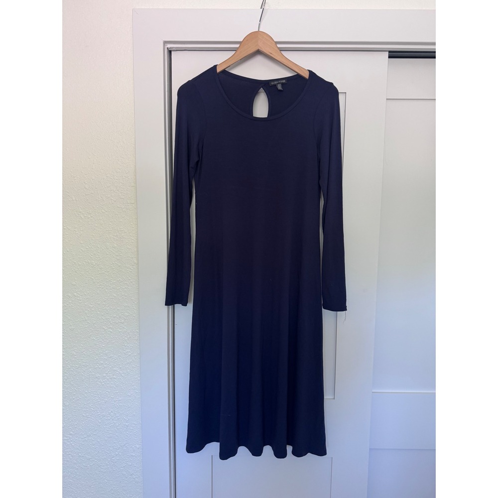 Eileen Fisher Navy Blue Jersey‎ Knit Long Sleeve Keyhole Back Midi Dress XXS